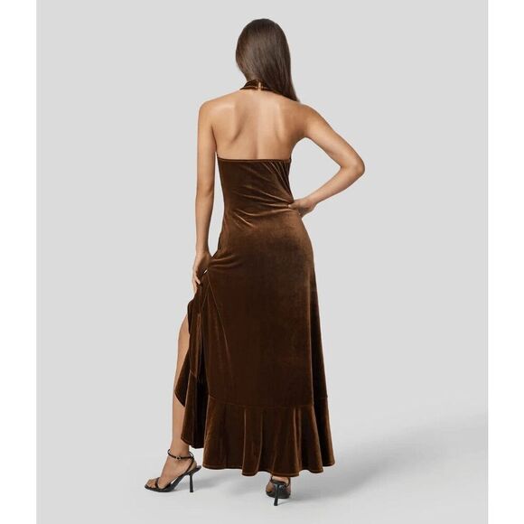 NWT Size Med Halara Halter Neck Backless Invisible Zipper Ruffle Hem Split Velve - Picture 2 of 2